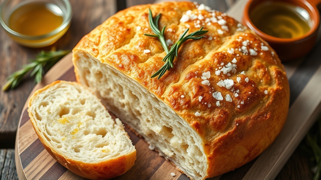 Herb-Infused Focaccia Bread Recipe Freshly baked focaccia bread with rosemary and olive oil, sliced on a wooden board.